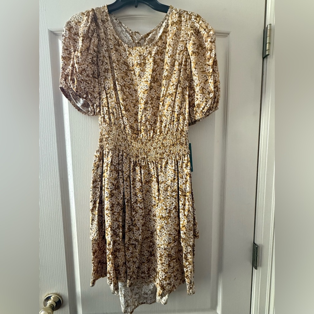 Wild Fable Smocked Waist Puff Sleeve Dress | Size Large | Yellow Floral